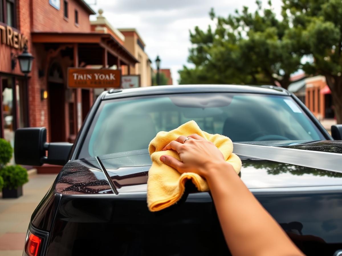 Mobile car detailing in Bastrop, TX — detailer hand drying a black truck on historic downtown Bastrop main street