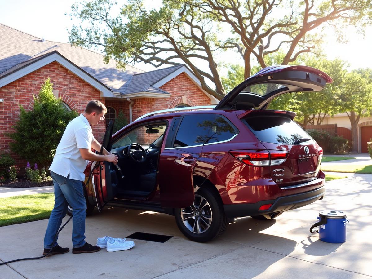 Mobile car detailing in Brushy Creek, TX — detailer vacuuming a family SUV in a suburban driveway shaded by oaks