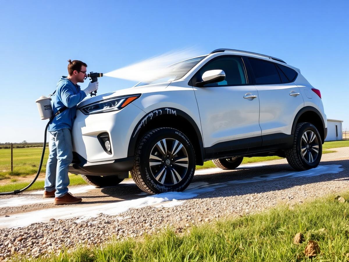 Mobile car detailing in Creedmoor, TX — detailer foam washing a white SUV on a gravel country driveway south of Austin