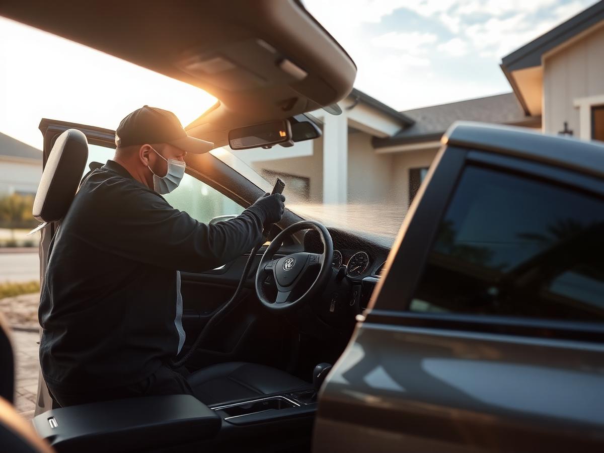 Mobile car detailing in Daffan, TX — detailer steam cleaning a car interior at a new-construction East Austin home