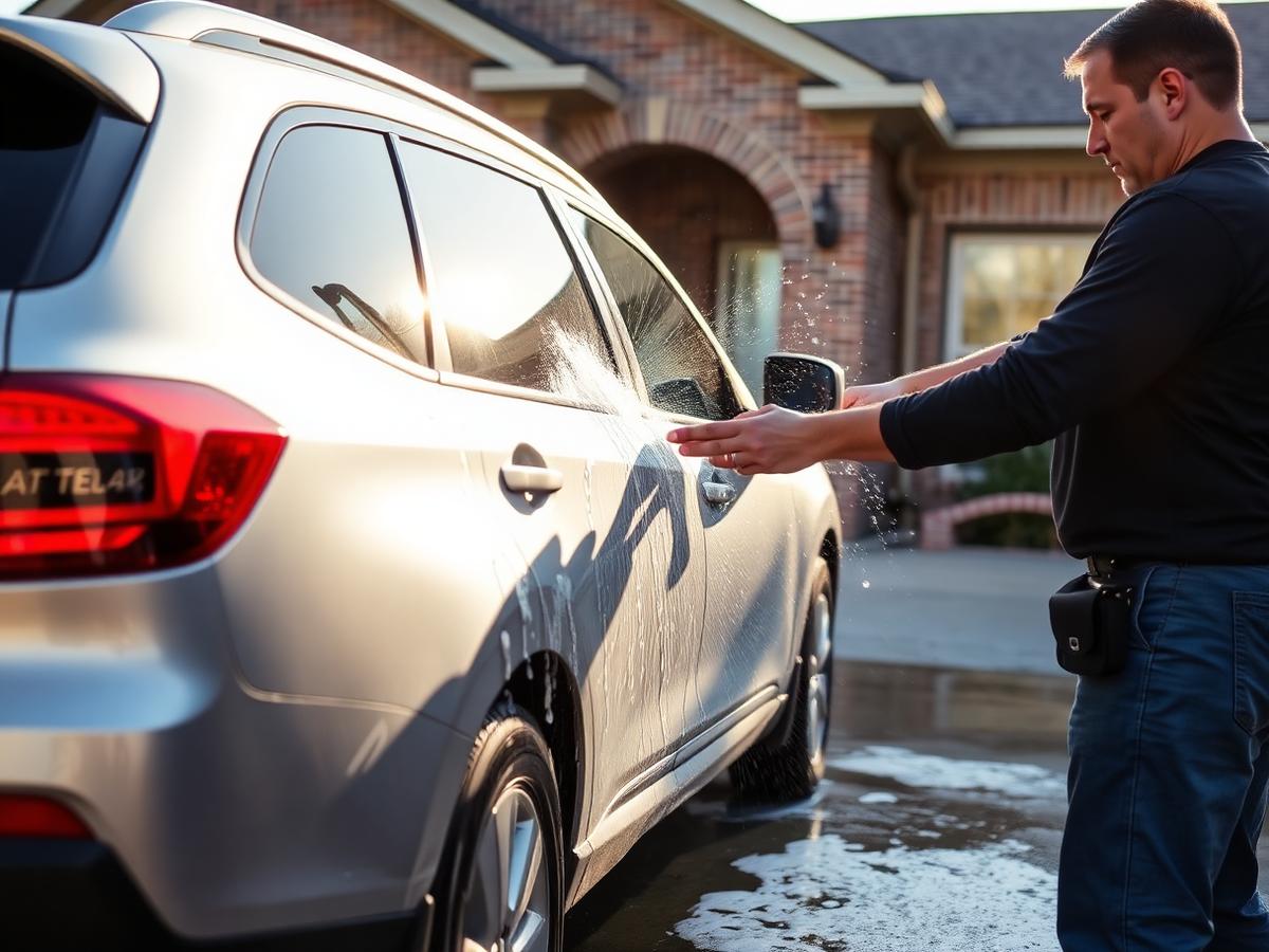 Mobile car detailing in East Round Rock, TX — detailer hand washing an SUV in a Behrens Ranch driveway
