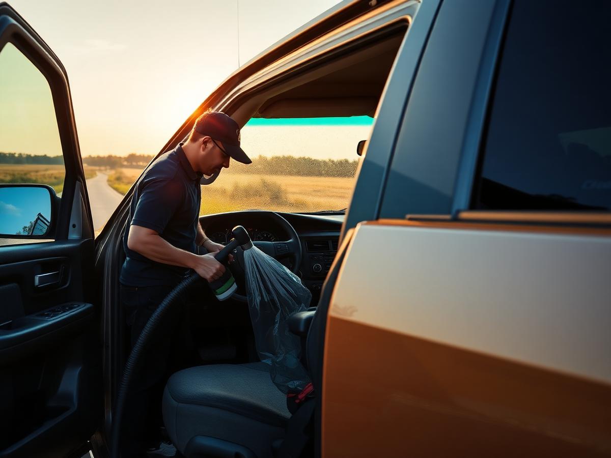 Mobile car detailing in Hornsby Bend, TX — detailer vacuuming a pickup truck interior on a rural east Austin road