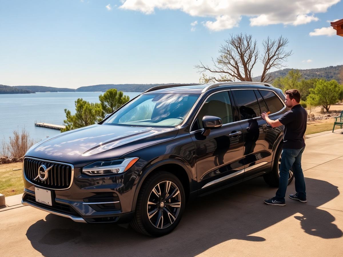 Mobile car detailing in Jonestown, TX — detailer polishing a dark luxury SUV in a driveway overlooking Lake Travis