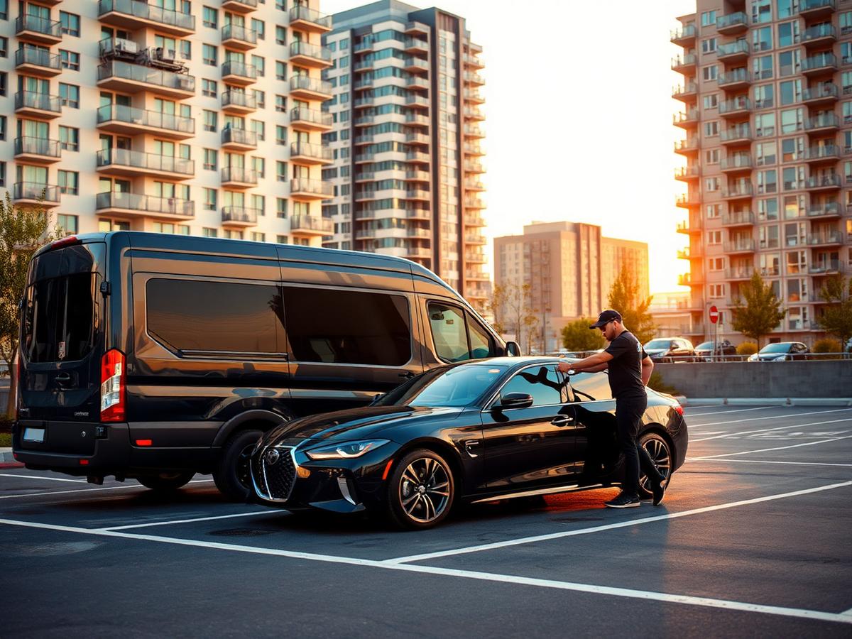 Mobile car detailing in North Austin, TX — detailer polishing a black sedan in a Mueller apartment parking lot