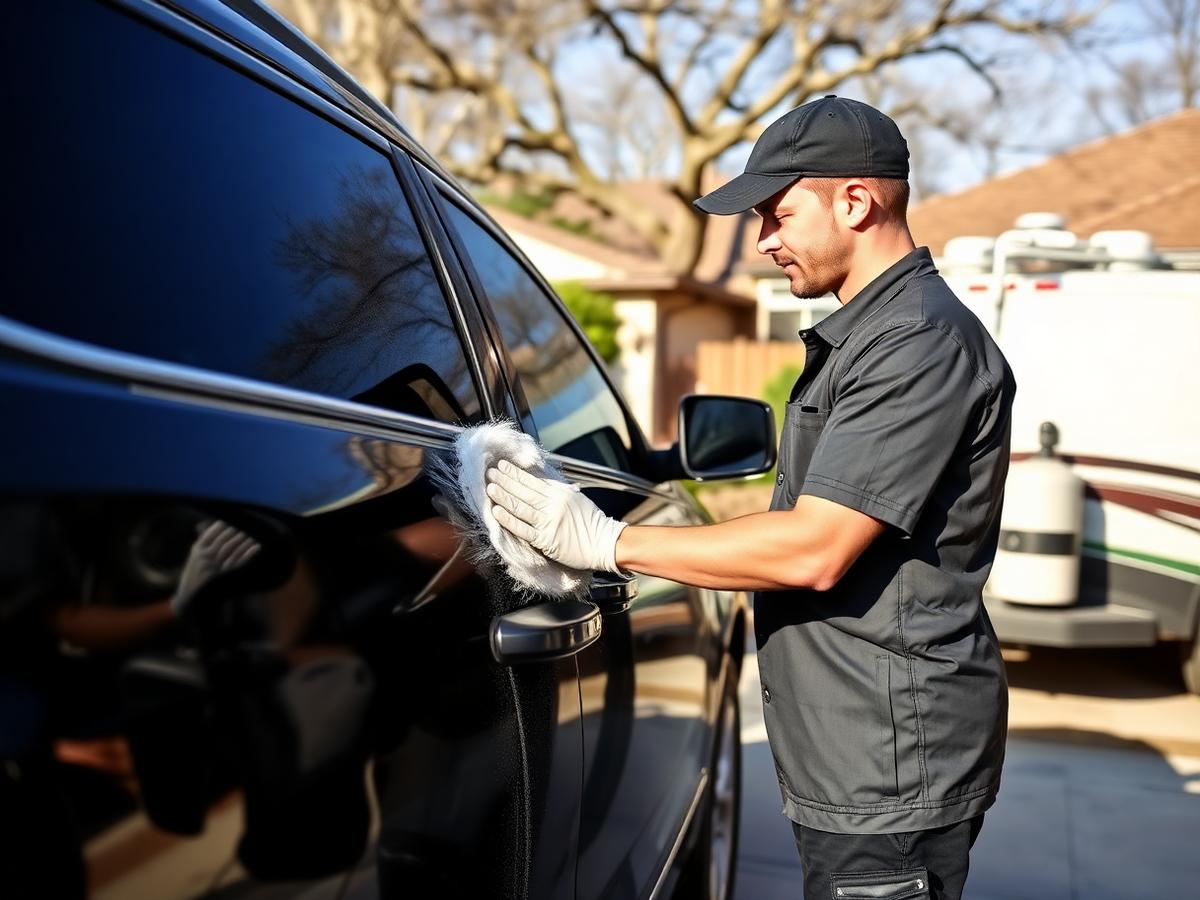 Mobile car detailing in North East Austin, TX — detailer hand-polishing a dark SUV in a Windsor Hills driveway