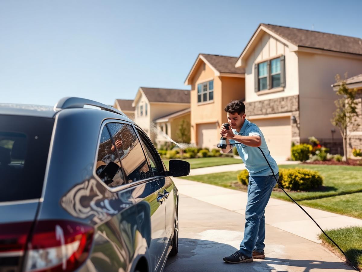 Mobile car detailing in Pflugerville, TX — detailer foam washing a family SUV in a new subdivision driveway
