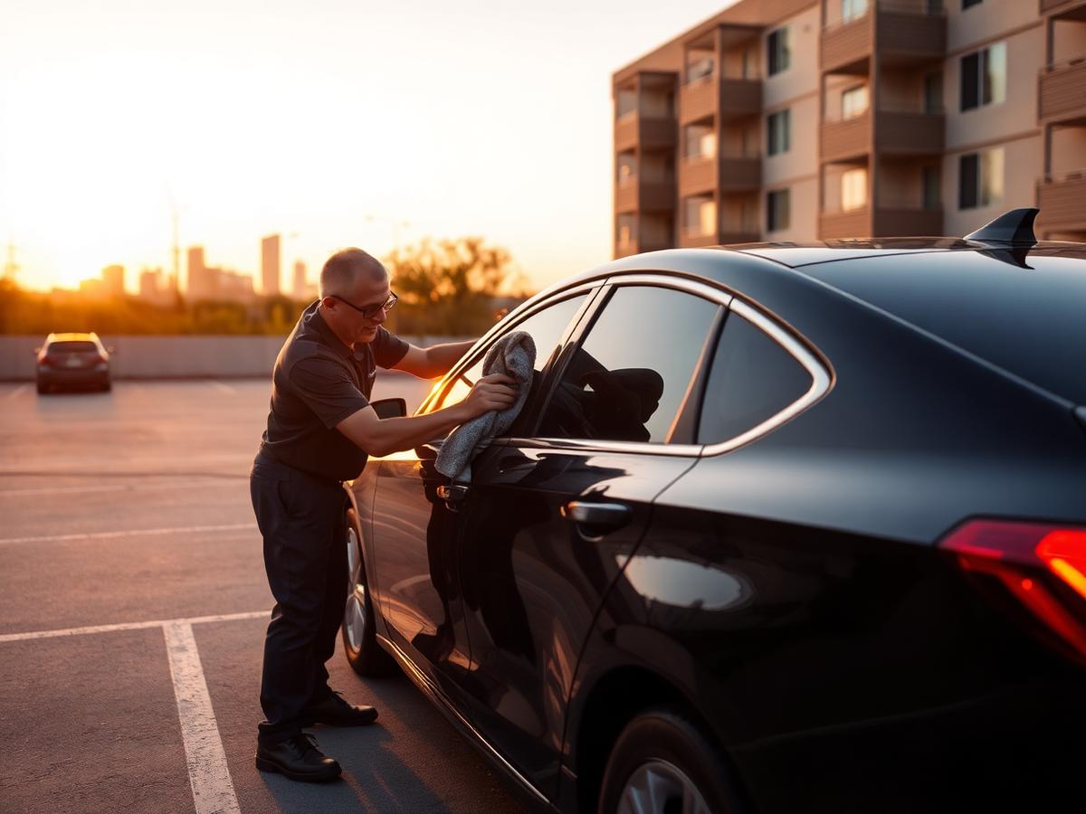 Mobile car detailing in Southeast Austin, TX — detailer hand drying a black sedan in an apartment lot with the skyline behind