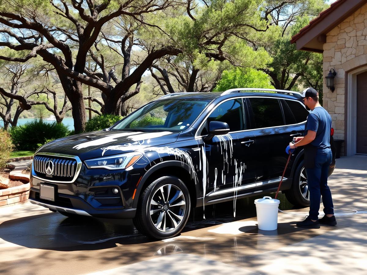 Mobile car detailing in Spicewood, TX — detailer hand washing a dark SUV in a Lake Travis hill country driveway