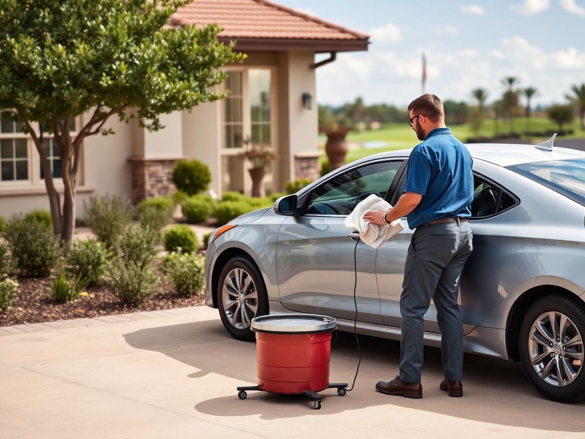 Mobile car detailing in Sun City Georgetown, TX — detailer hand drying a silver sedan in a retirement community driveway