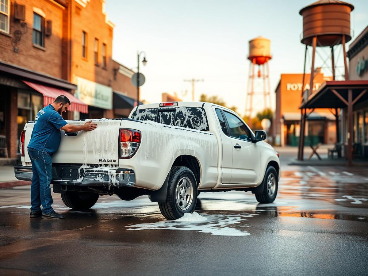 Mobile car detailing in Taylor, TX — detailer hand washing a white pickup truck near downtown Taylor's historic brick storefronts