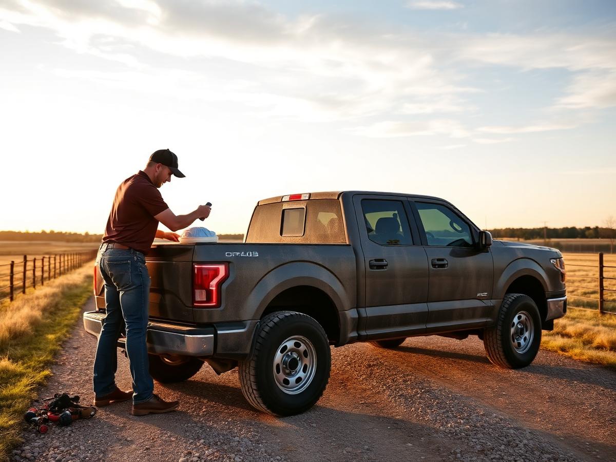 Mobile car detailing in Weir, TX — detailer polishing a dusty pickup truck on a long gravel ranch driveway
