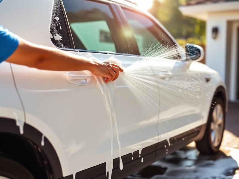 Foam hand wash on a white SUV in a driveway