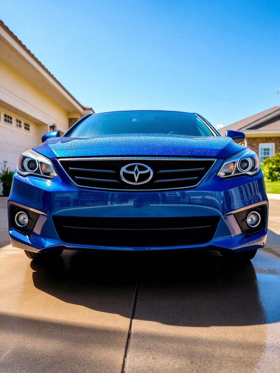 Freshly detailed blue sedan shining in a driveway